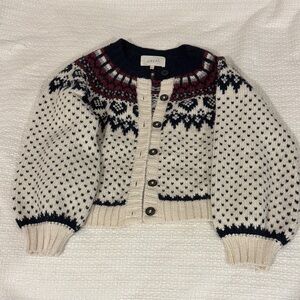 THE GREAT. Cream and Navy Patterned Cardigan